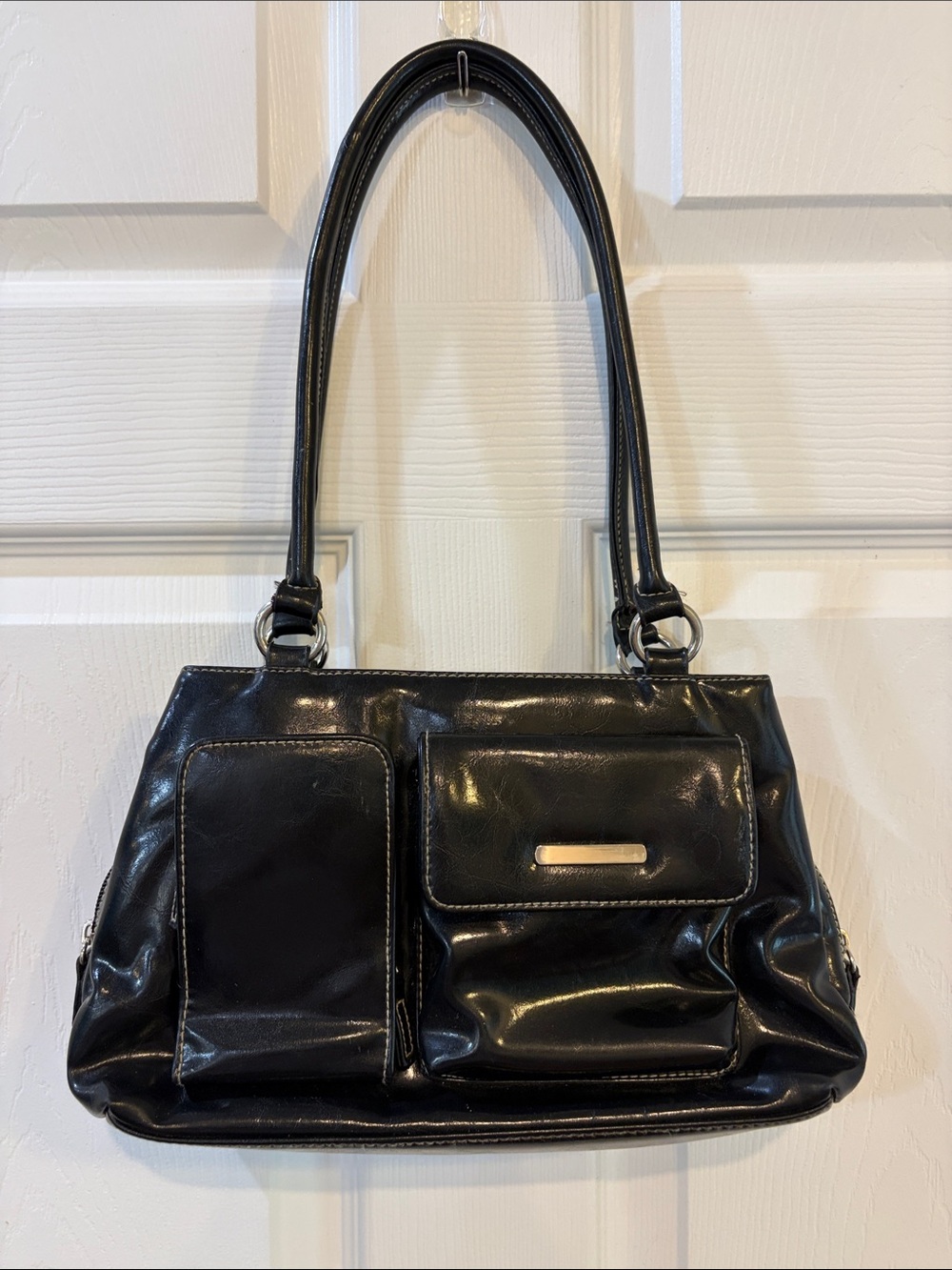 Black Vinyl Shoulder Bag - Classic Patent Finish
